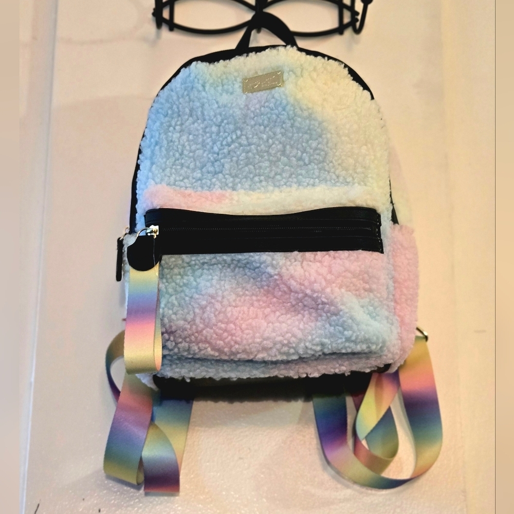 LUV Betsey By Betsey Johnson Pastel Sherpa Rainbow Mini Backpack EUC